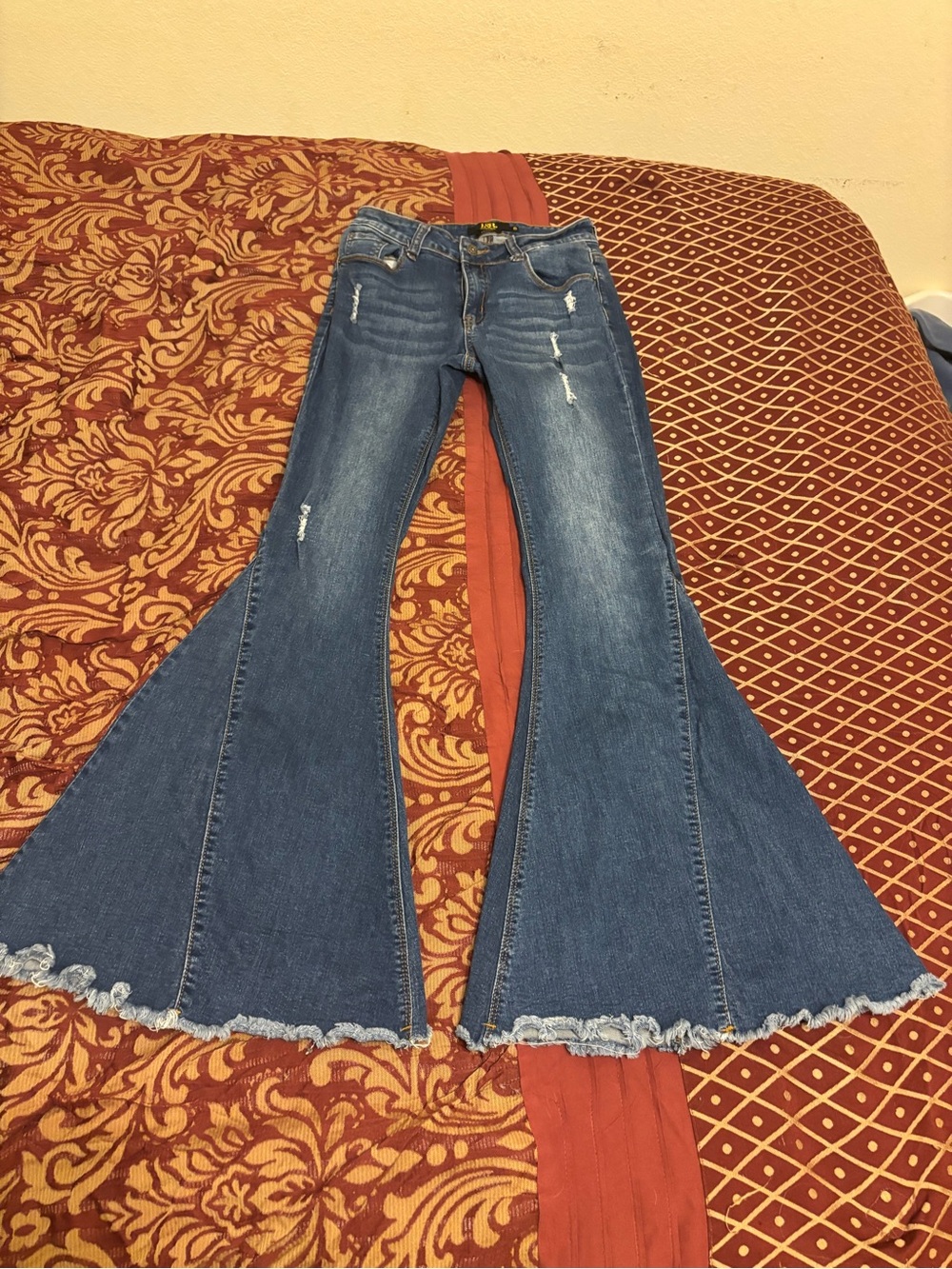 Lucky & Blessed Distressed Blue Flare Jeans with Raw Hem